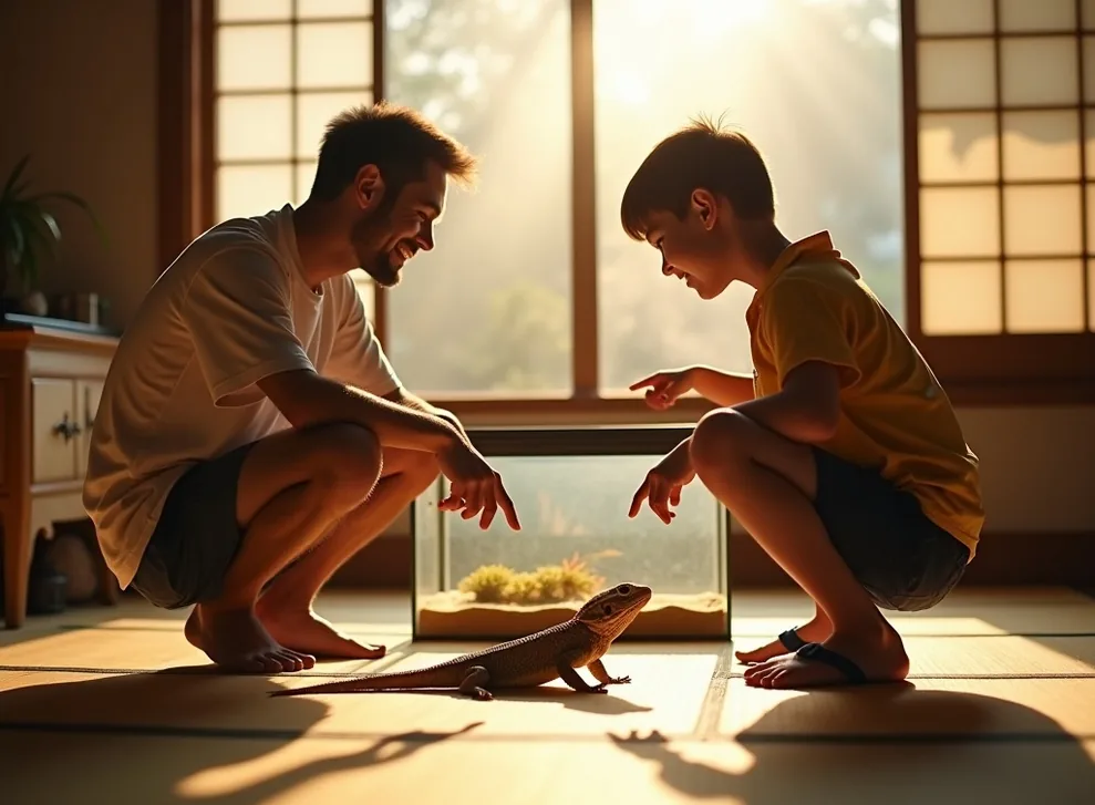 Father and young son crouched together in front of a desert tank in a sunlit Japanese living room