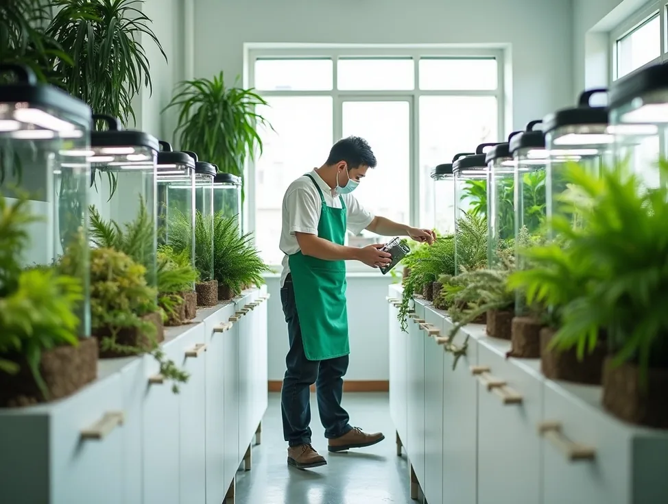 Professional reptile keeper working inside a minimalist Tokyo pet boutique
