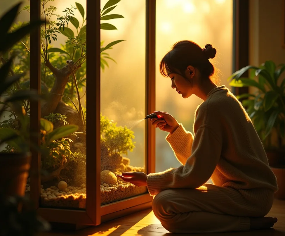 Young Japanese woman kneeling in front of a glowing rainforest terrarium