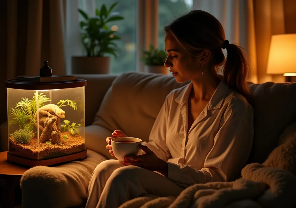 Cozy reading nook scene at night with a woman on a beige sofa watching a terrarium