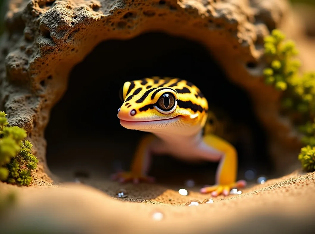 Macro shot of a leopard gecko peeking from inside a corner rock shelter