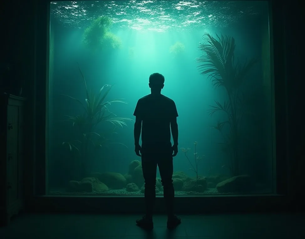 Silhouette of a man standing in a dimly lit room looking into a large paludarium