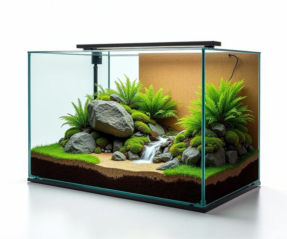 Cross-section side view of a hybrid paludarium tank showing dual layer construction
