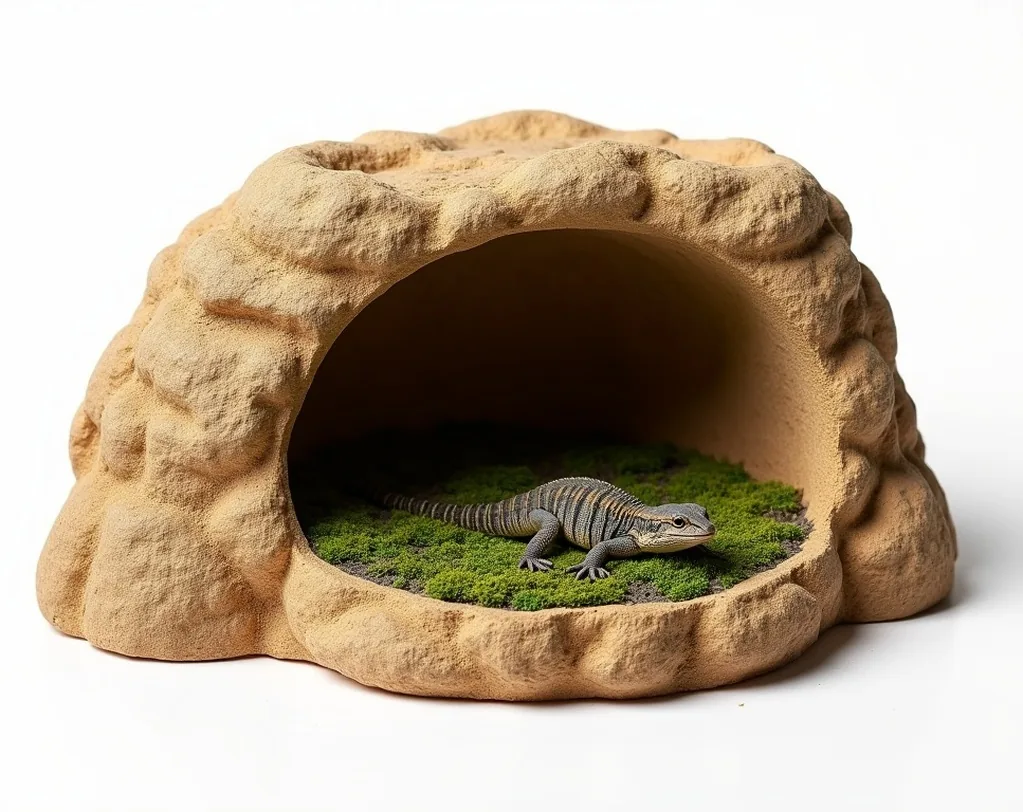 Macro close-up shot of a corner reptile shelter hide carved to mimic natural sandstone rock texture
