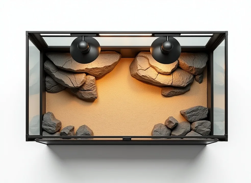 Top-down flat lay of a large desert terrarium DS-120 viewed from above with sliding front glass door
